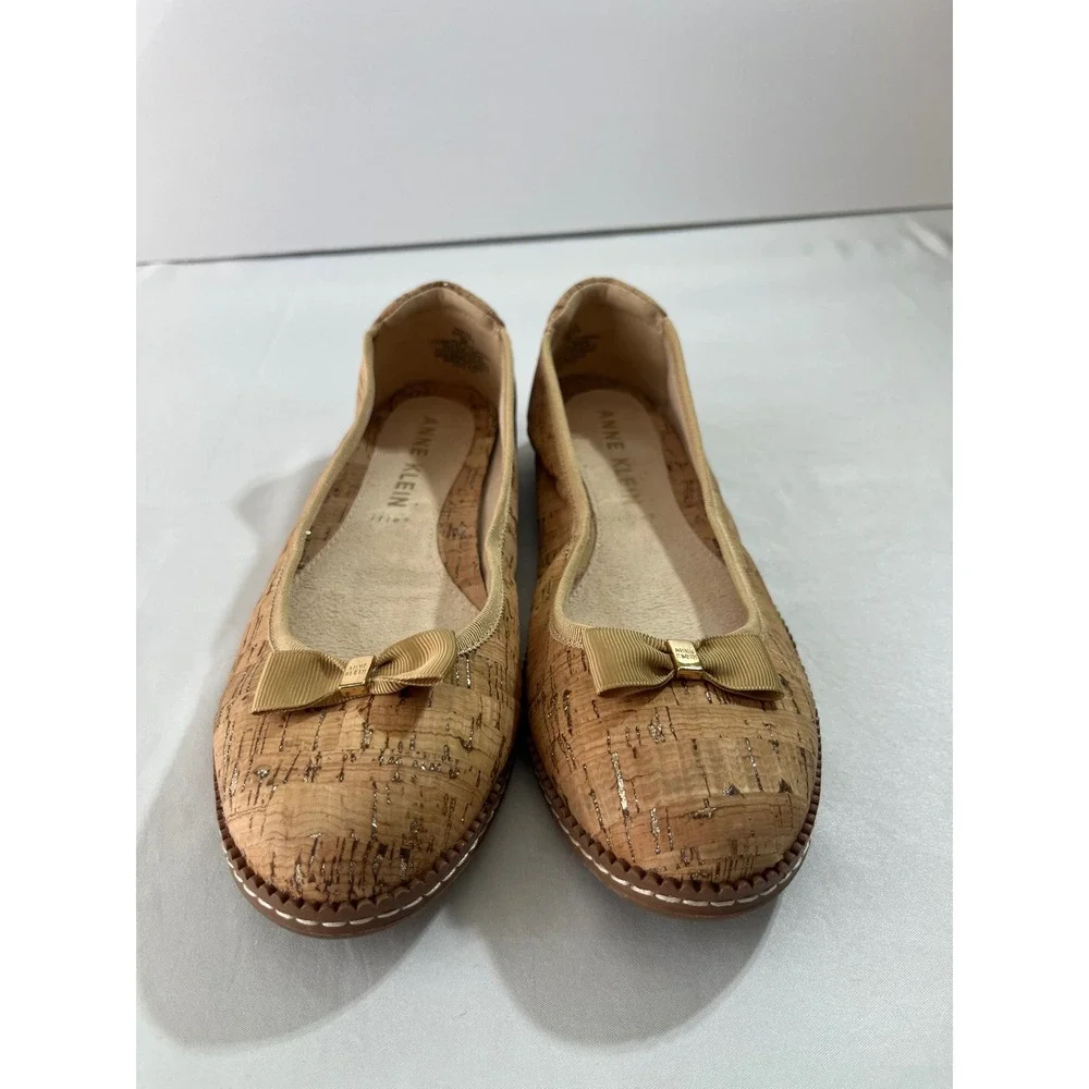 Anne Klein Akeve Cork Ballet Flats Women 8M Gold Metallic Bow Ballet Office Wear